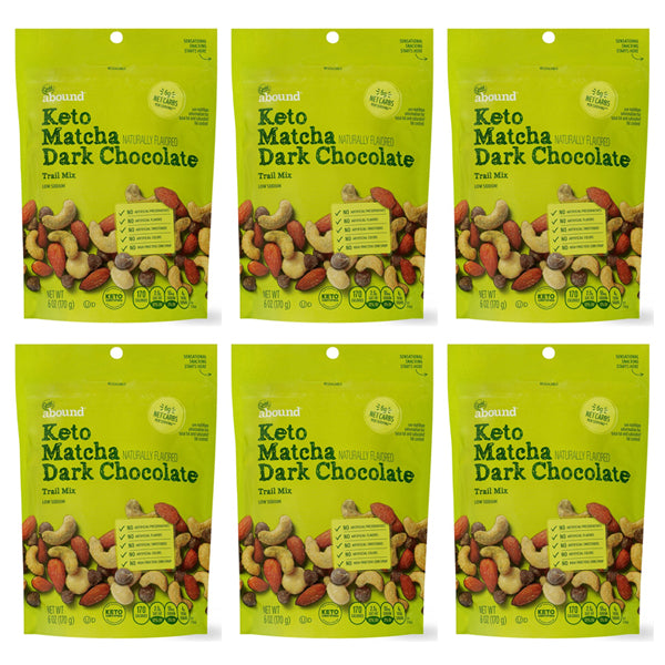 Six packs of Gold Emblem Abound Keto Matcha Dark Chocolate Trail Mix 6oz are displayed in two rows on a plain background.